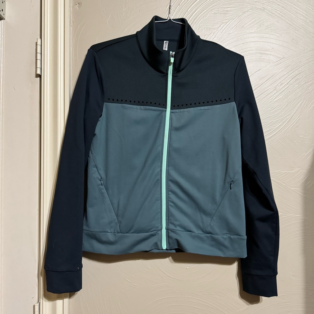 Fabletics Women’s Full-Zip Jacket w/Teal & Black Color Block & Perforated Detail